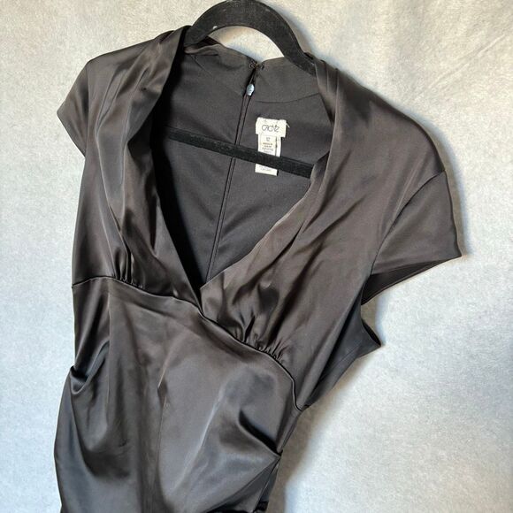 Vtg Cache Dress 12 Black Satin Cap Sleeve Bodycon Cocktail Formal Midi - Picture 3 of 11